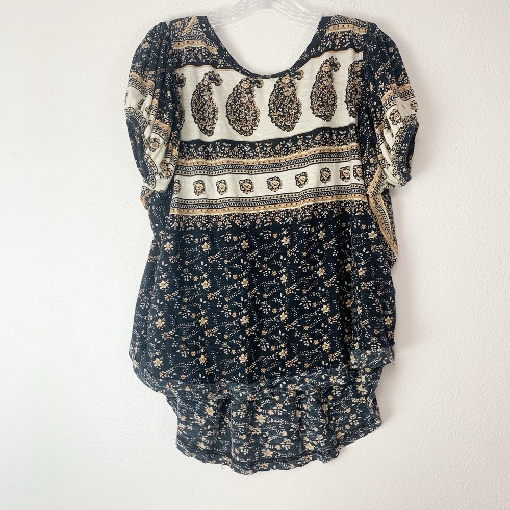 Free People Top Womens Small Boho Hippie‎ Puff Sleeve Paisley Blouse Relaxed Fit